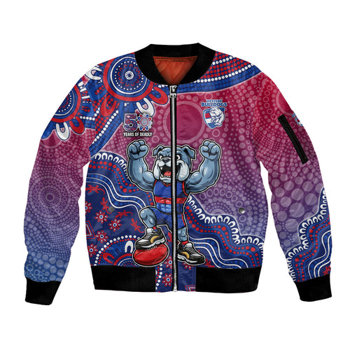 Personalized Western Bulldogs Football Mascot Sleeve Zip Bomber Jacket Aboriginal Dot Art Style Vibrant Indigenous Pattern Design