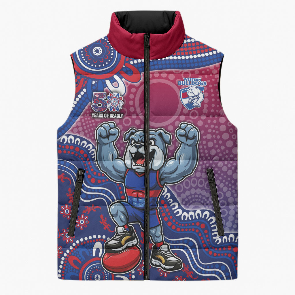 Personalized Western Bulldogs Football Mascot Sleeveless Puffer Jacket Aboriginal Dot Art Style Vibrant Indigenous Pattern Design