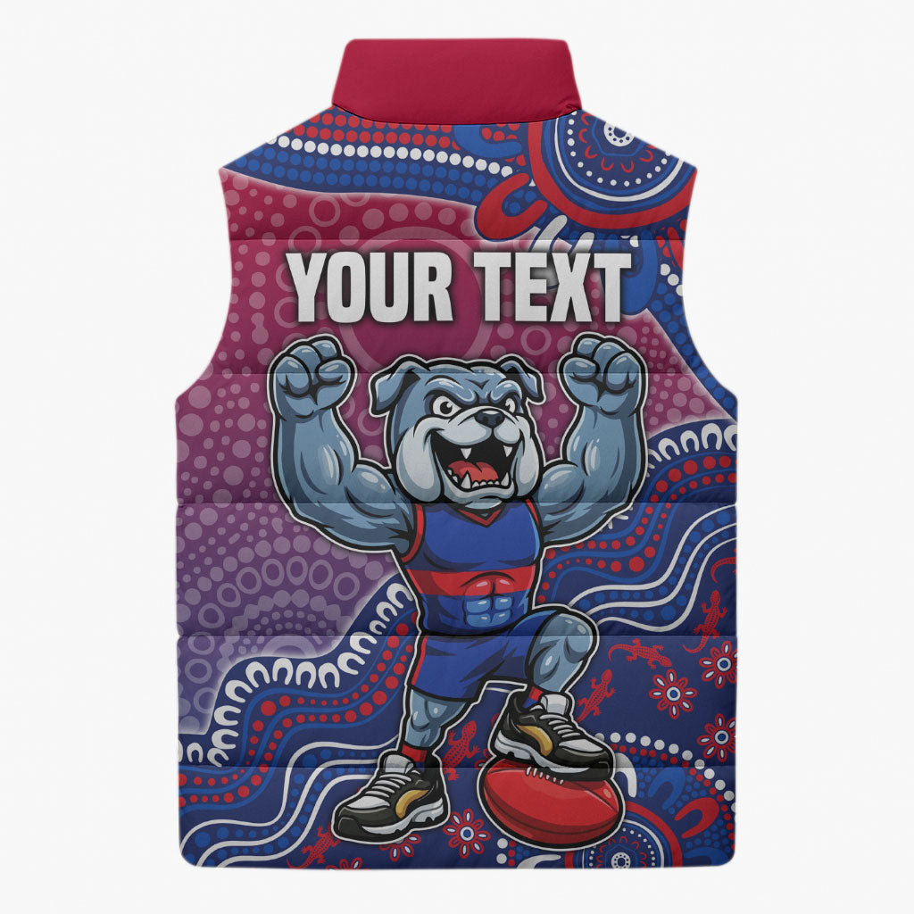 Personalized Western Bulldogs Football Mascot Sleeveless Puffer Jacket Aboriginal Dot Art Style Vibrant Indigenous Pattern Design