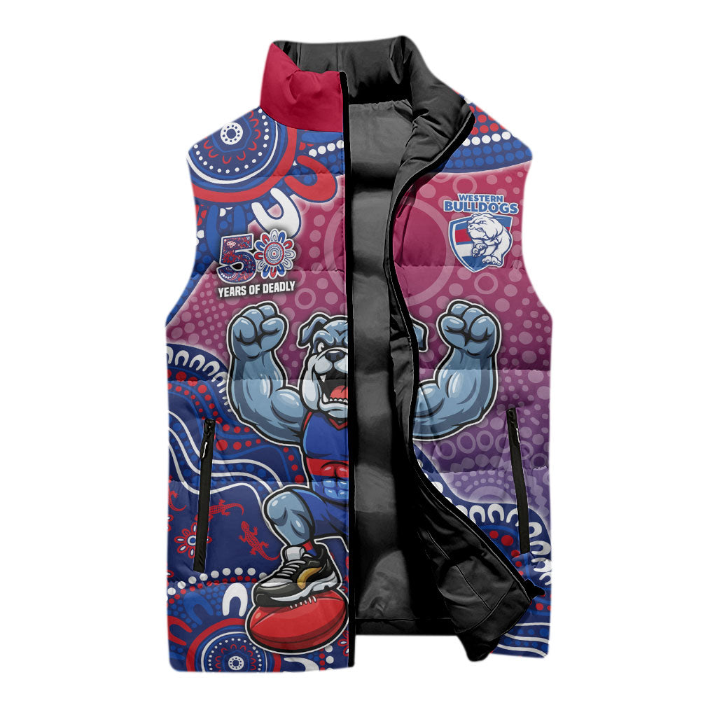 Personalized Western Bulldogs Football Mascot Sleeveless Puffer Jacket Aboriginal Dot Art Style Vibrant Indigenous Pattern Design
