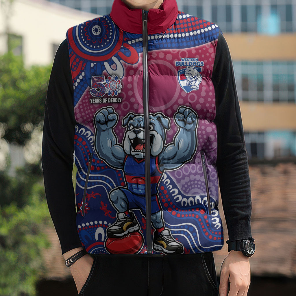 Personalized Western Bulldogs Football Mascot Sleeveless Puffer Jacket Aboriginal Dot Art Style Vibrant Indigenous Pattern Design