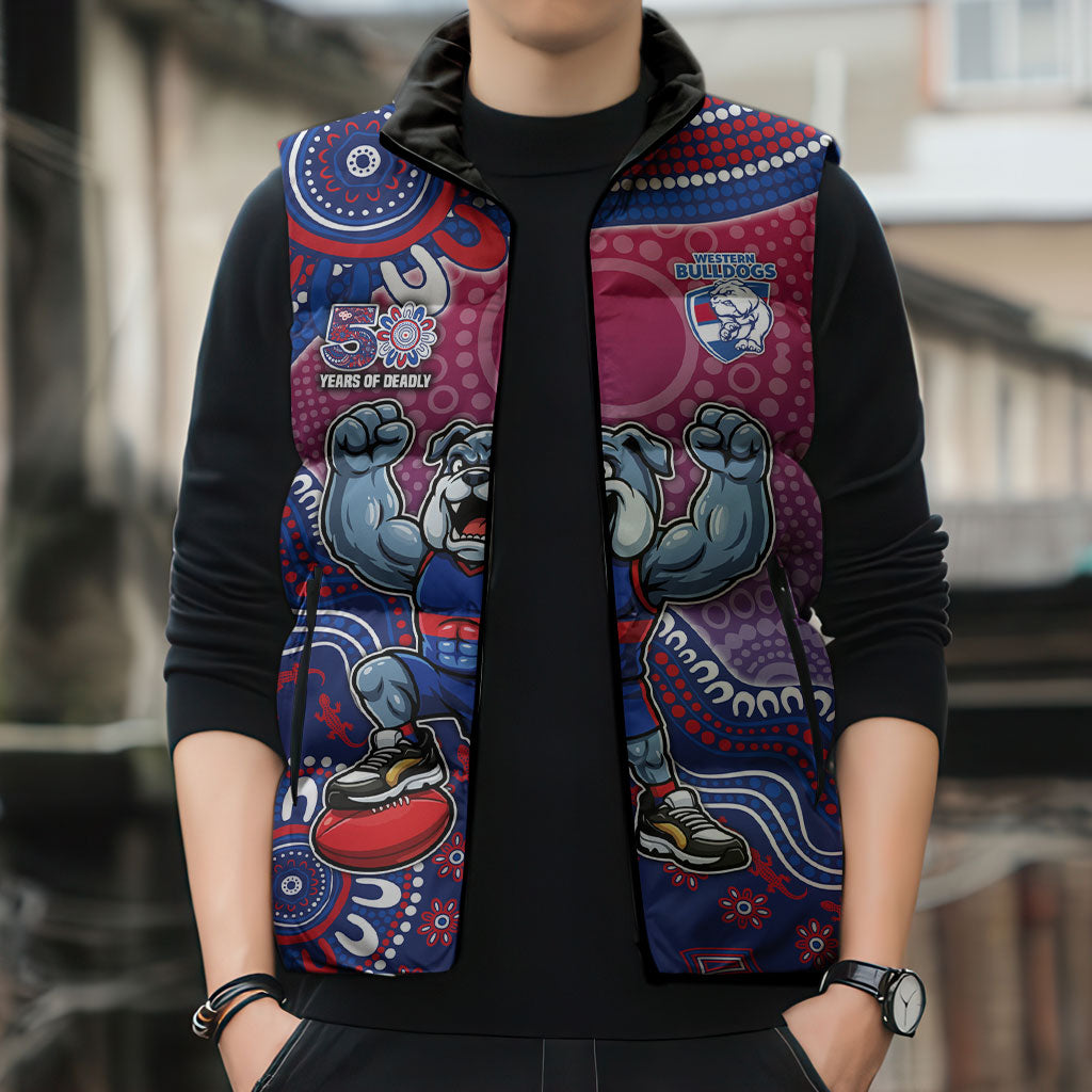 Personalized Western Bulldogs Football Mascot Sleeveless Puffer Jacket Aboriginal Dot Art Style Vibrant Indigenous Pattern Design