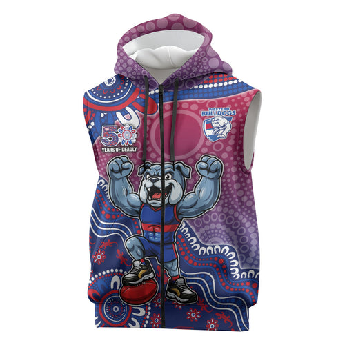 Personalized Western Bulldogs Football Mascot Sleeveless Zip Hoodie Aboriginal Dot Art Style Vibrant Indigenous Pattern Design