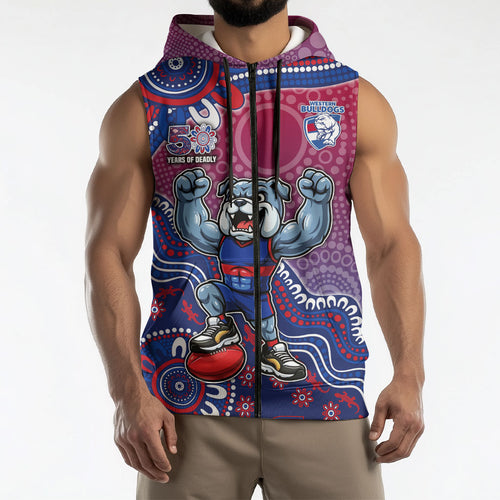Personalized Western Bulldogs Football Mascot Sleeveless Zip Hoodie Aboriginal Dot Art Style Vibrant Indigenous Pattern Design