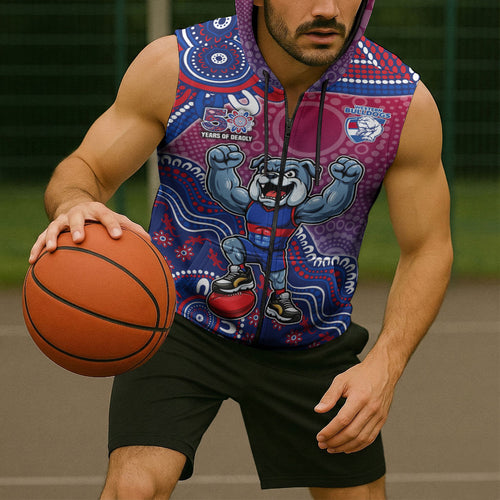 Personalized Western Bulldogs Football Mascot Sleeveless Zip Hoodie Aboriginal Dot Art Style Vibrant Indigenous Pattern Design