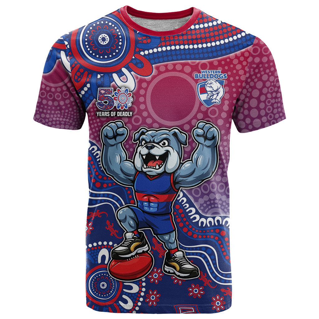 Personalized Western Bulldogs Football Mascot T Shirt Aboriginal Dot Art Style Vibrant Indigenous Pattern Design