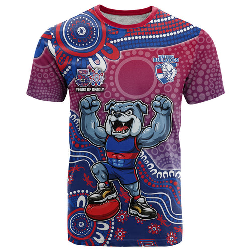 Personalized Western Bulldogs Football Mascot T Shirt Aboriginal Dot Art Style Vibrant Indigenous Pattern Design