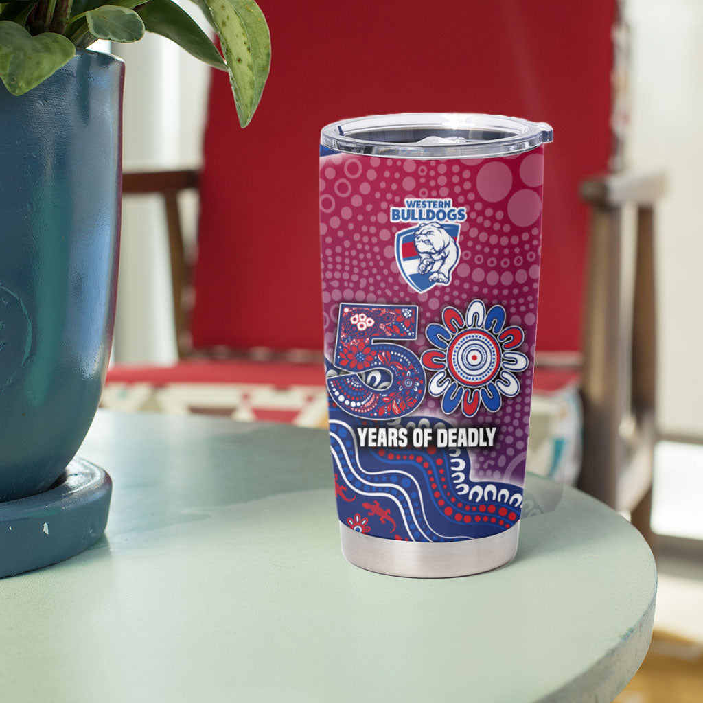 Personalized Western Bulldogs Football Mascot Tumbler Cup Aboriginal Dot Art Style Vibrant Indigenous Pattern Design
