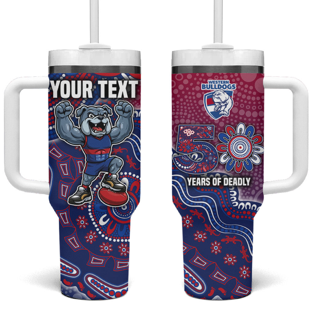 Personalized Western Bulldogs Football Mascot Tumbler With Handle Aboriginal Dot Art Style Vibrant Indigenous Pattern Design