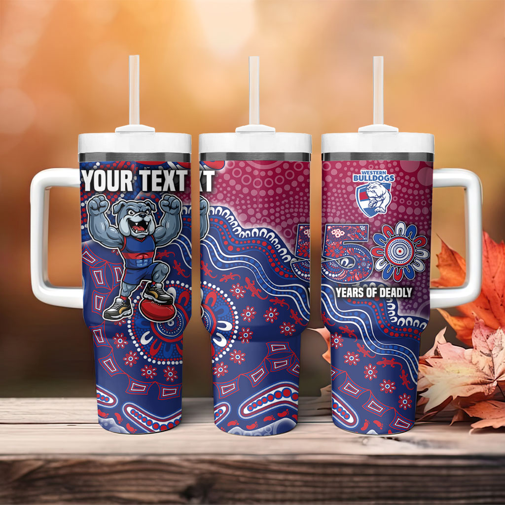 Personalized Western Bulldogs Football Mascot Tumbler With Handle Aboriginal Dot Art Style Vibrant Indigenous Pattern Design