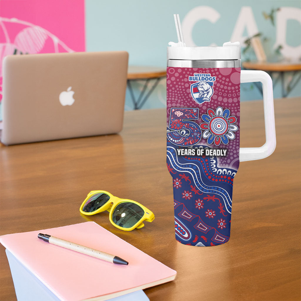 Personalized Western Bulldogs Football Mascot Tumbler With Handle Aboriginal Dot Art Style Vibrant Indigenous Pattern Design