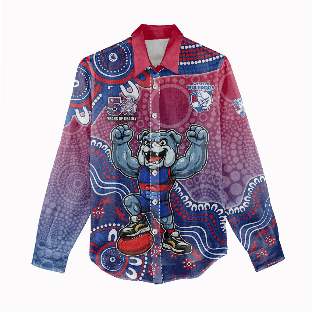 Personalized Western Bulldogs Football Mascot Women Casual Shirt Aboriginal Dot Art Style Vibrant Indigenous Pattern Design