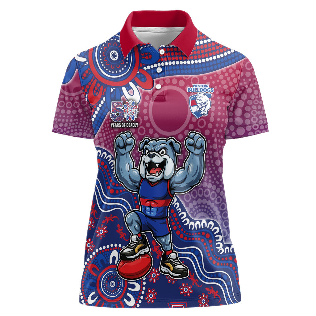 Personalized Western Bulldogs Football Mascot Women Polo Shirt Aboriginal Dot Art Style Vibrant Indigenous Pattern Design