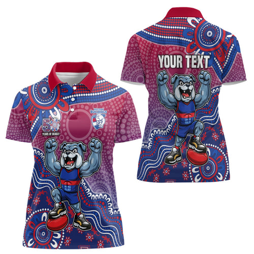 Personalized Western Bulldogs Football Mascot Women Polo Shirt Aboriginal Dot Art Style Vibrant Indigenous Pattern Design
