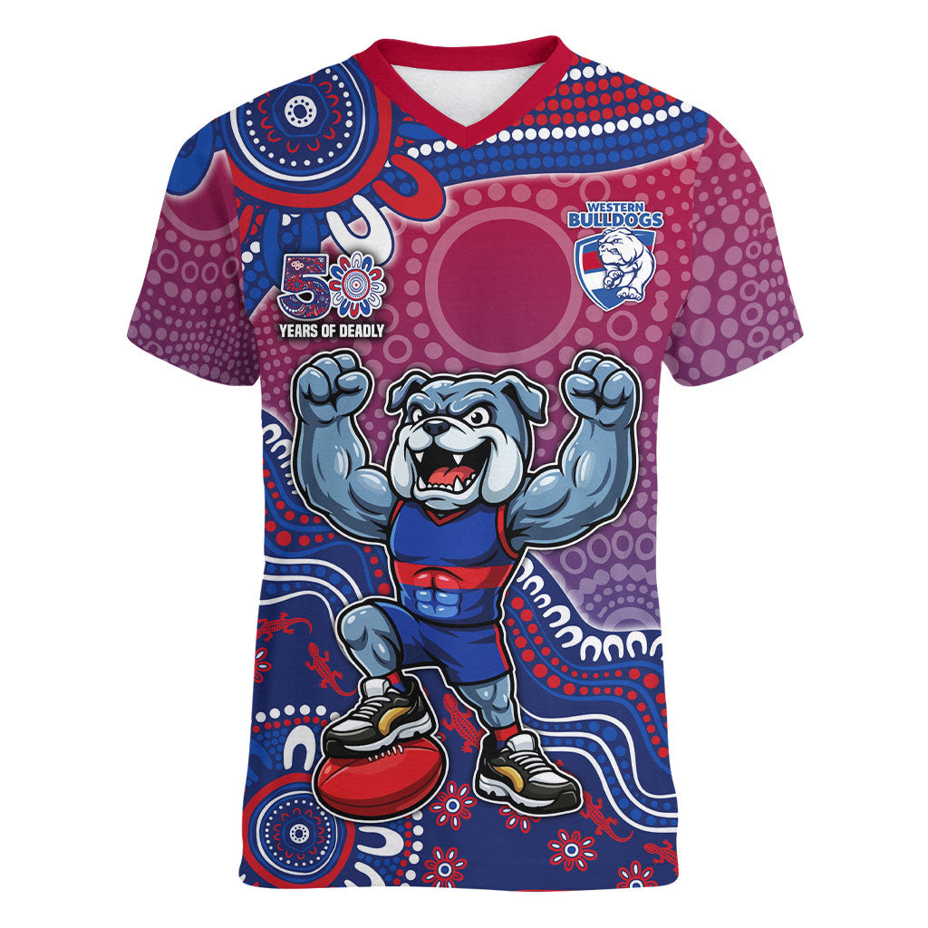Personalized Western Bulldogs Football Mascot Women V-Neck T-Shirt Aboriginal Dot Art Style Vibrant Indigenous Pattern Design