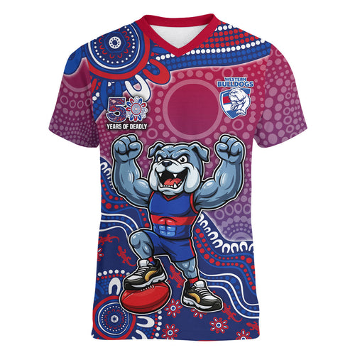 Personalized Western Bulldogs Football Mascot Women V-Neck T-Shirt Aboriginal Dot Art Style Vibrant Indigenous Pattern Design