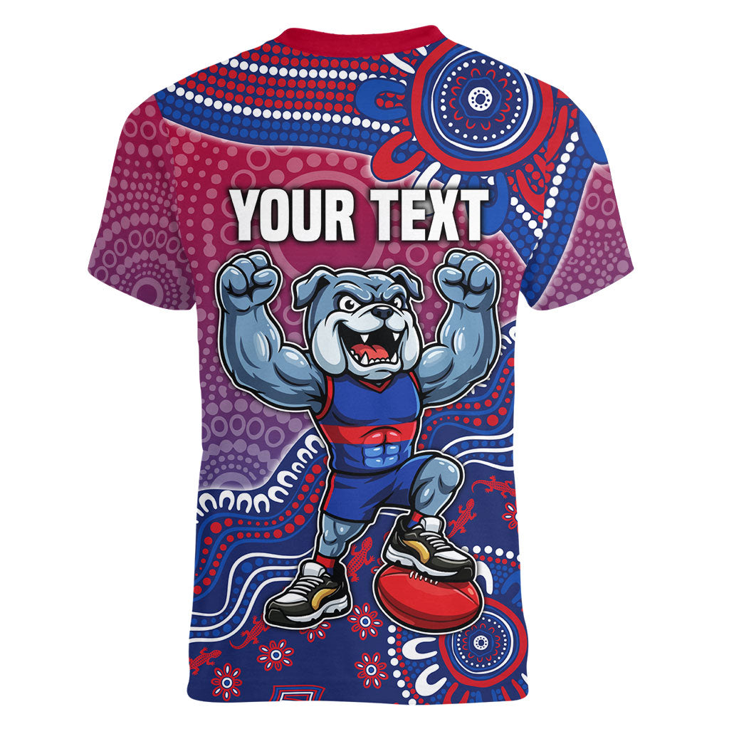 Personalized Western Bulldogs Football Mascot Women V-Neck T-Shirt Aboriginal Dot Art Style Vibrant Indigenous Pattern Design