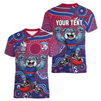 Personalized Western Bulldogs Football Mascot Women V-Neck T-Shirt Aboriginal Dot Art Style Vibrant Indigenous Pattern Design