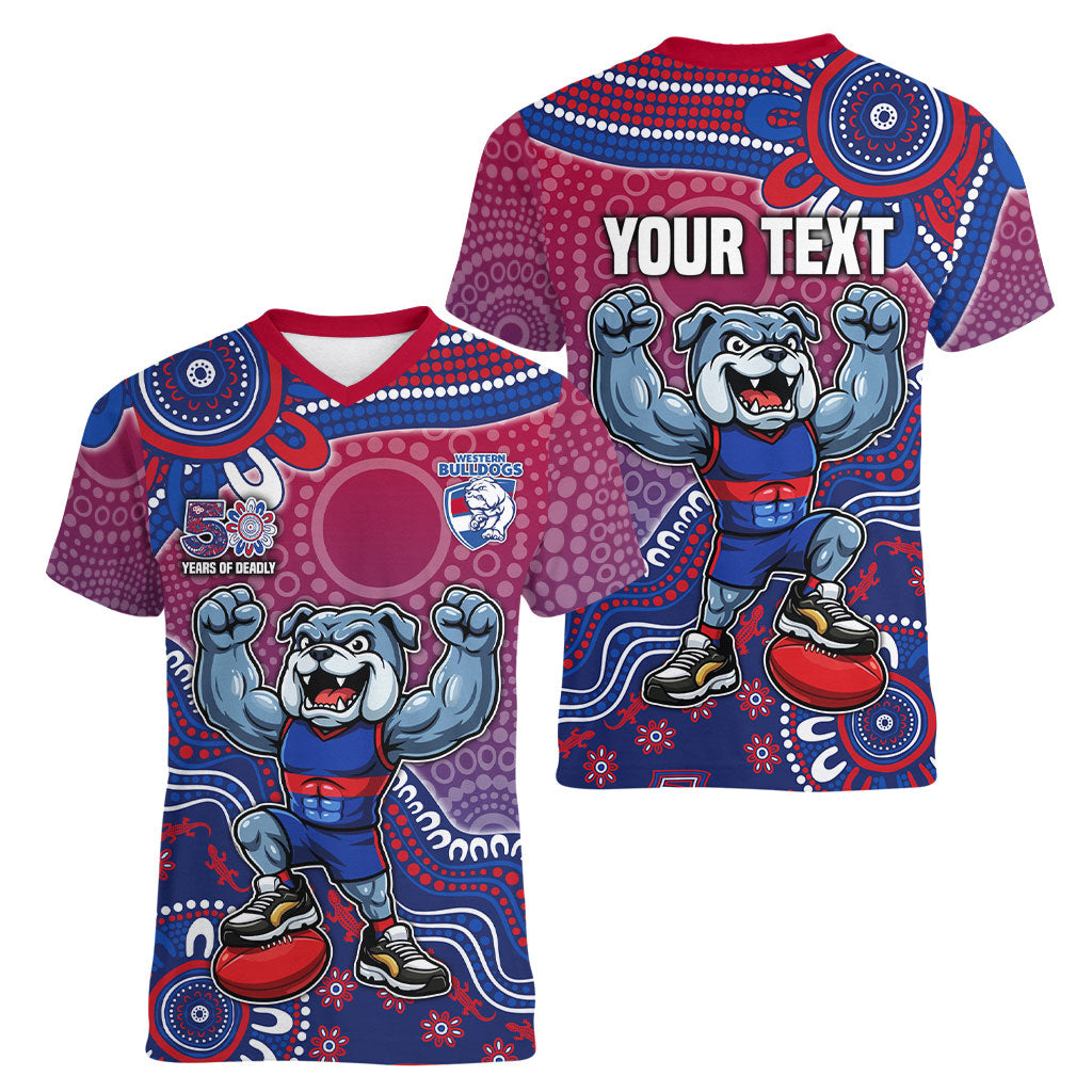 Personalized Western Bulldogs Football Mascot Women V-Neck T-Shirt Aboriginal Dot Art Style Vibrant Indigenous Pattern Design