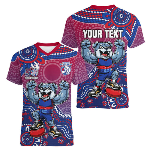 Personalized Western Bulldogs Football Mascot Women V-Neck T-Shirt Aboriginal Dot Art Style Vibrant Indigenous Pattern Design