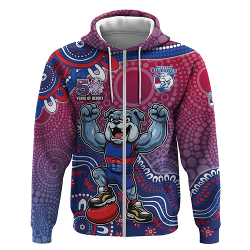 Personalized Western Bulldogs Football Mascot Zip Hoodie Aboriginal Dot Art Style Vibrant Indigenous Pattern Design
