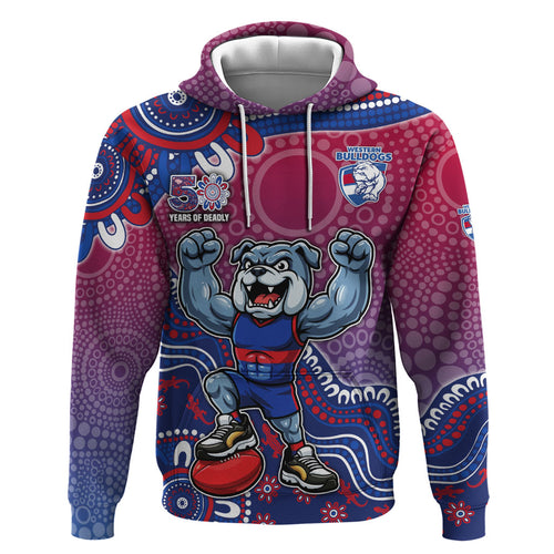 Personalized Western Bulldogs Football Mascot Zip Hoodie Aboriginal Dot Art Style Vibrant Indigenous Pattern Design
