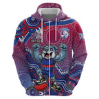 Personalized Western Bulldogs Football Mascot Zip Hoodie Aboriginal Dot Art Style Vibrant Indigenous Pattern Design
