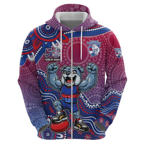 Personalized Western Bulldogs Football Mascot Zip Hoodie Aboriginal Dot Art Style Vibrant Indigenous Pattern Design