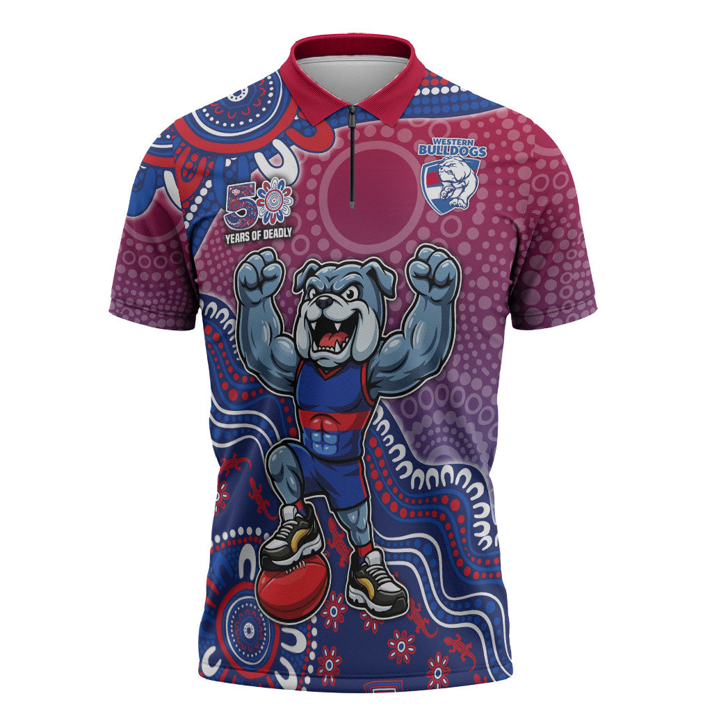 Personalized Western Bulldogs Football Mascot Zipper Polo Shirt Aboriginal Dot Art Style Vibrant Indigenous Pattern Design