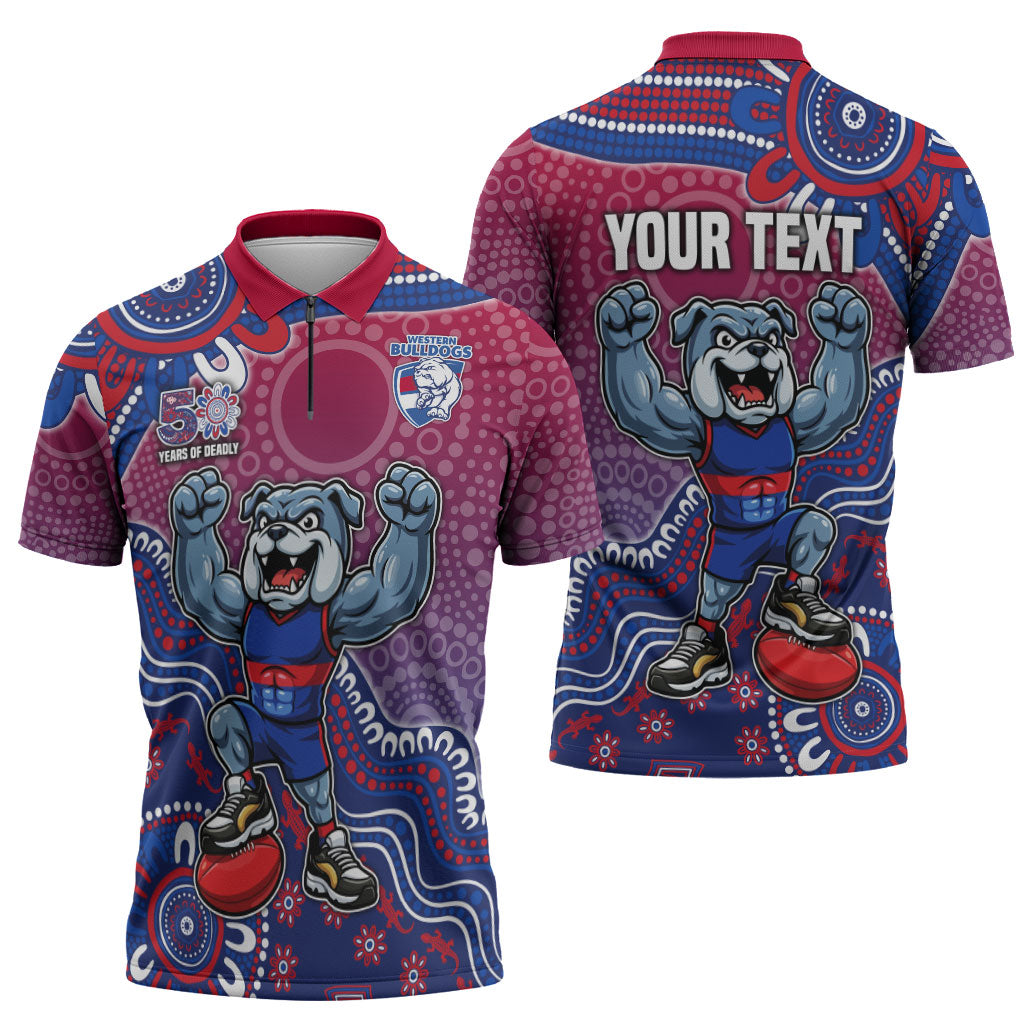 Personalized Western Bulldogs Football Mascot Zipper Polo Shirt Aboriginal Dot Art Style Vibrant Indigenous Pattern Design