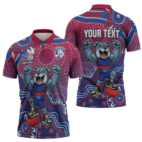 Personalized Western Bulldogs Football Mascot Zipper Polo Shirt Aboriginal Dot Art Style Vibrant Indigenous Pattern Design