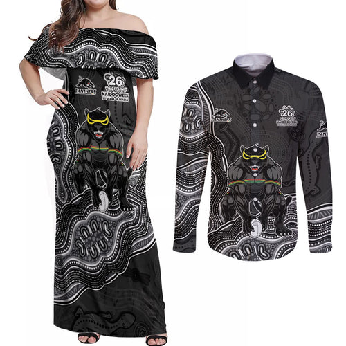 Penrith Panthers NAIDOC Week 2026 Couples Matching Off Shoulder Maxi Dress and Long Sleeve Button Shirt First Nations of Australia Aboriginal Mascot Rugby