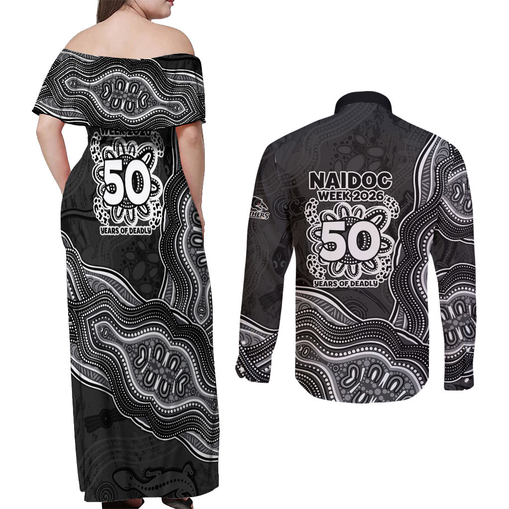 Penrith Panthers NAIDOC Week 2026 Couples Matching Off Shoulder Maxi Dress and Long Sleeve Button Shirt First Nations of Australia Aboriginal Mascot Rugby