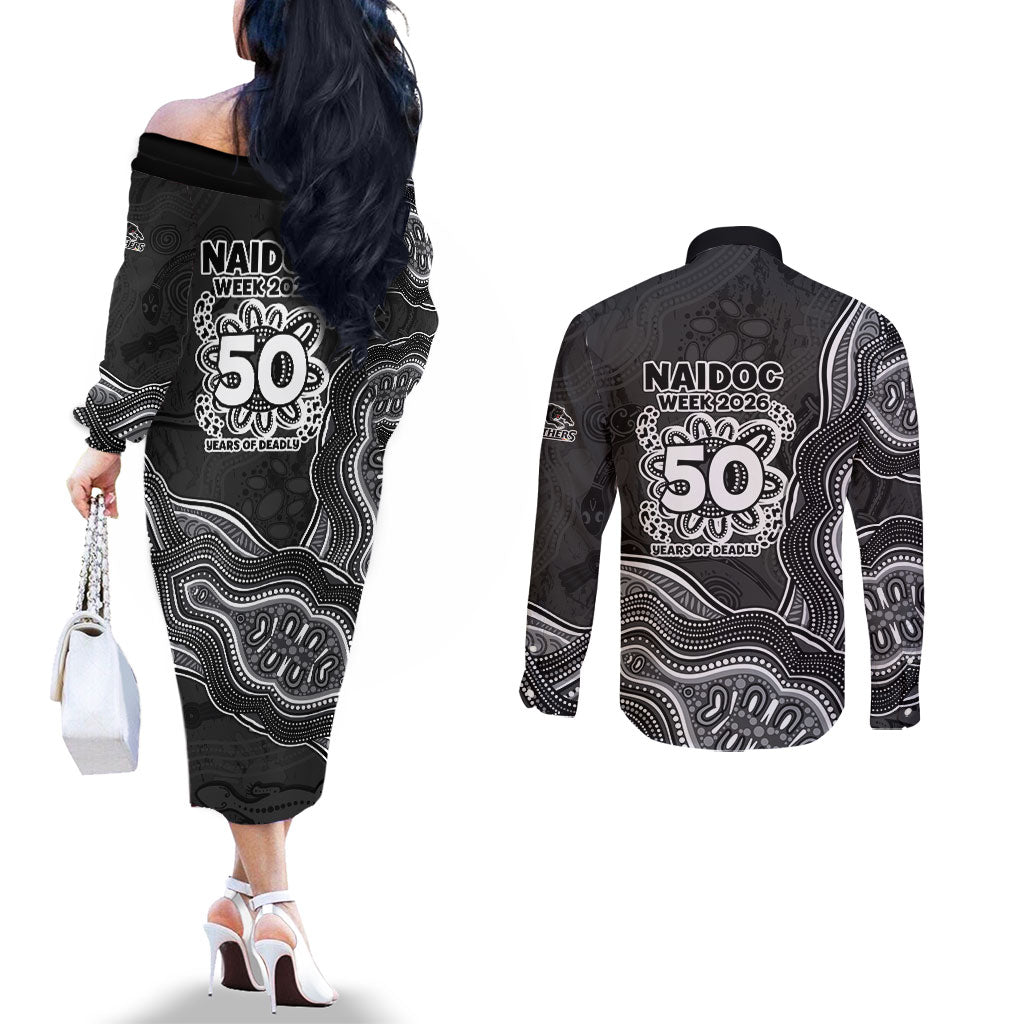 Penrith Panthers NAIDOC Week 2026 Couples Matching Off The Shoulder Long Sleeve Dress and Long Sleeve Button Shirt First Nations of Australia Aboriginal Mascot Rugby