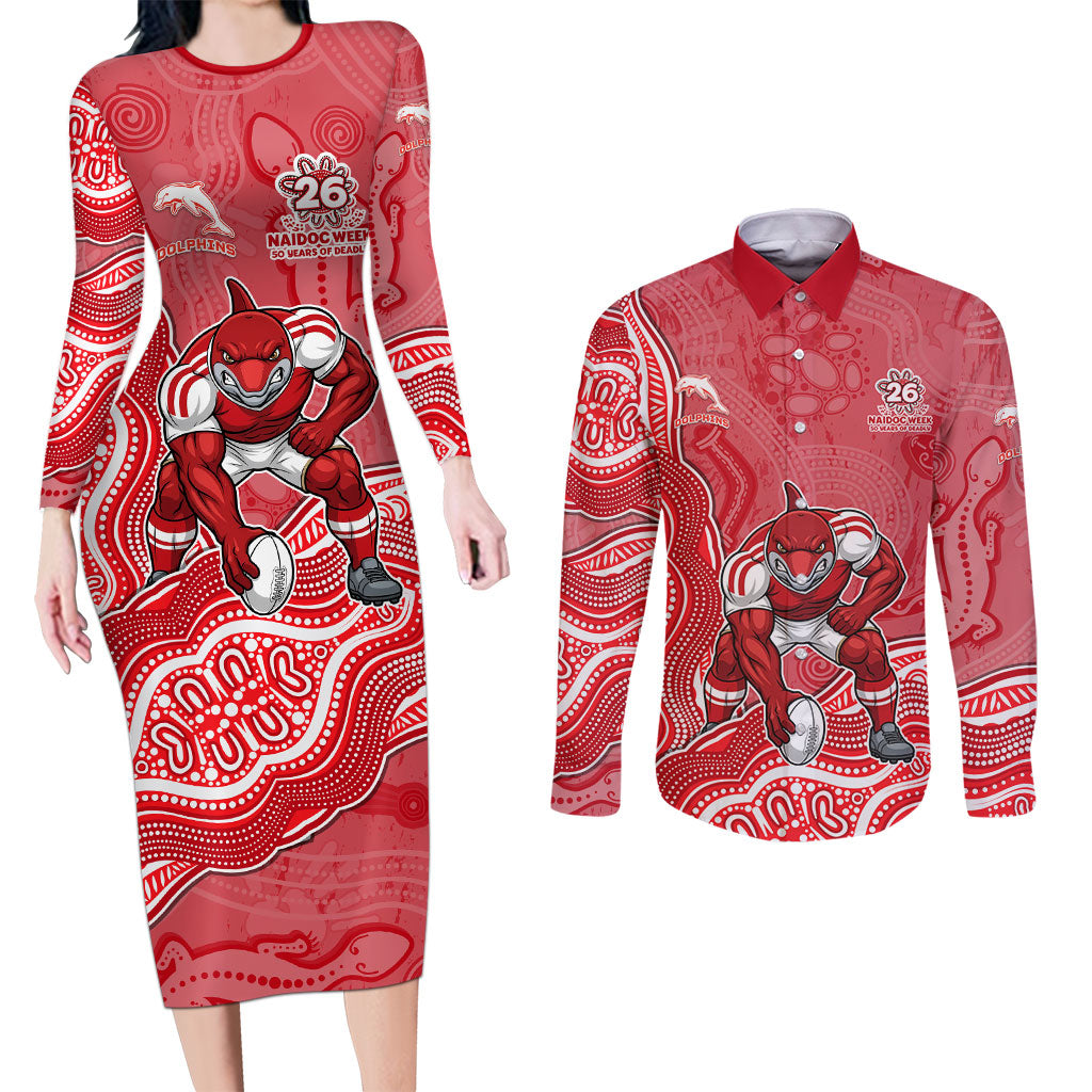 Dolphins NAIDOC Week 2026 Couples Matching Long Sleeve Bodycon Dress and Long Sleeve Button Shirt First Nations of Australia Aboriginal Mascot Rugby