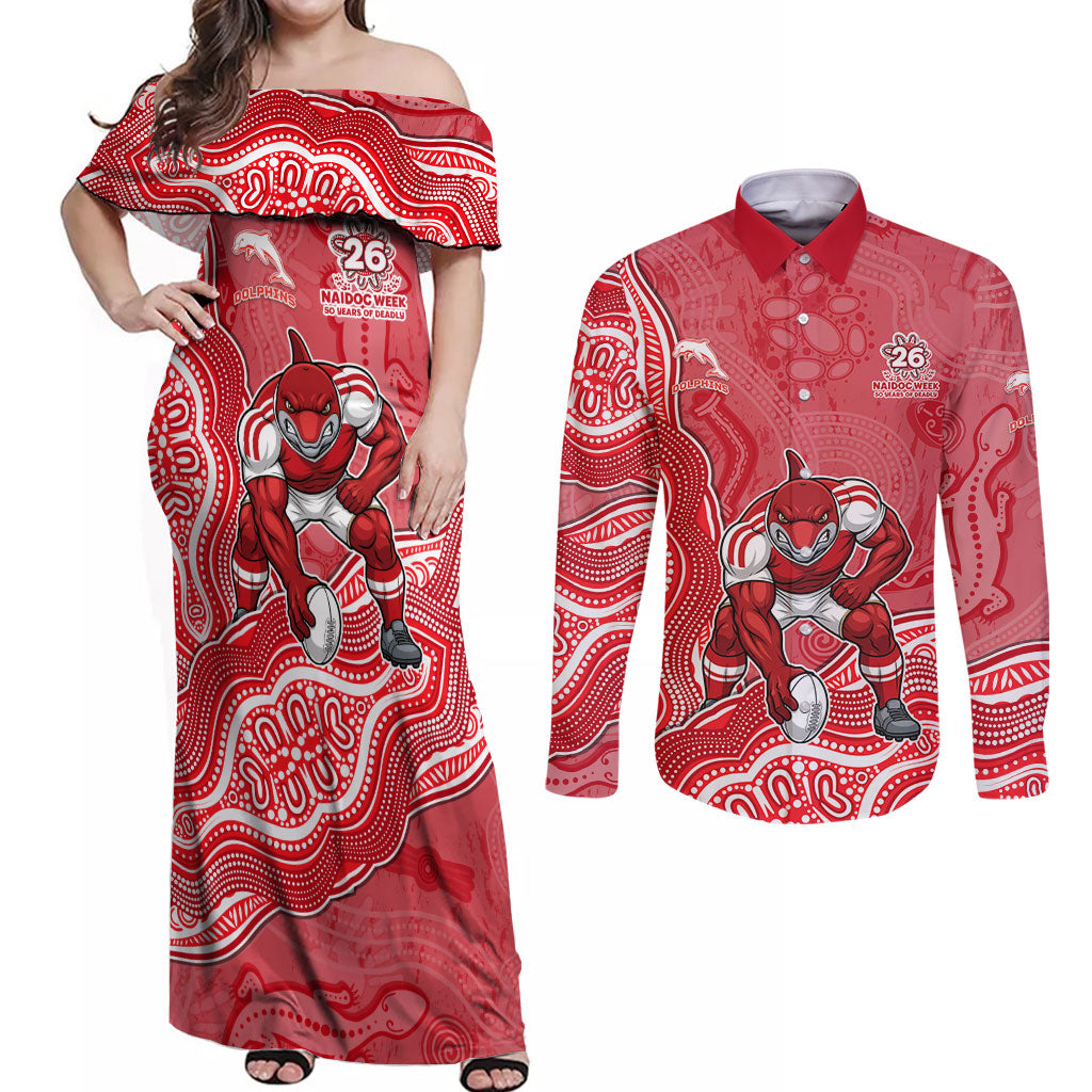 Dolphins NAIDOC Week 2026 Couples Matching Off Shoulder Maxi Dress and Long Sleeve Button Shirt First Nations of Australia Aboriginal Mascot Rugby