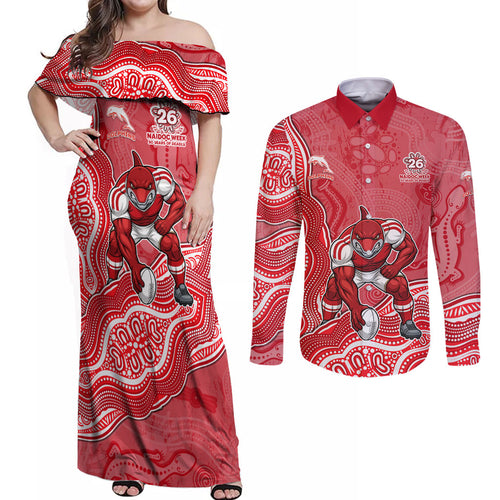 Dolphins NAIDOC Week 2026 Couples Matching Off Shoulder Maxi Dress and Long Sleeve Button Shirt First Nations of Australia Aboriginal Mascot Rugby