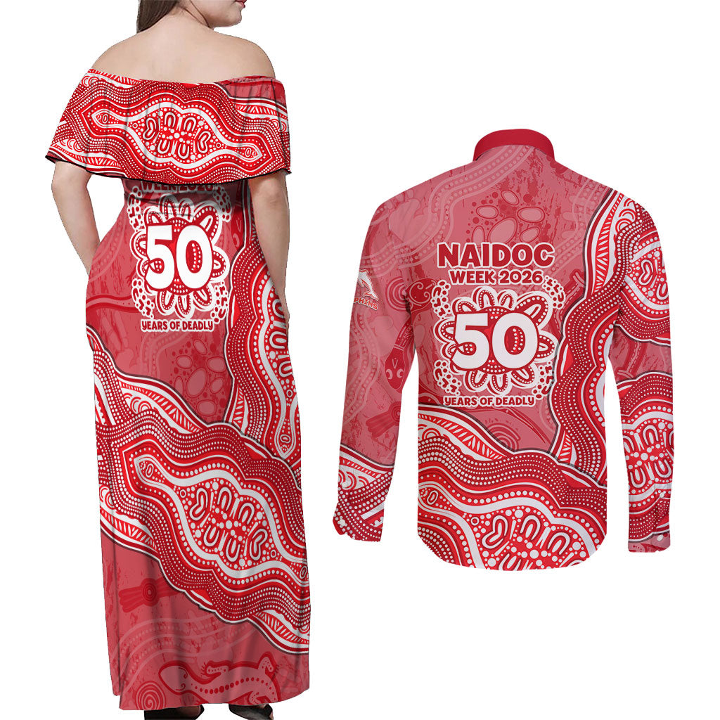 Dolphins NAIDOC Week 2026 Couples Matching Off Shoulder Maxi Dress and Long Sleeve Button Shirt First Nations of Australia Aboriginal Mascot Rugby