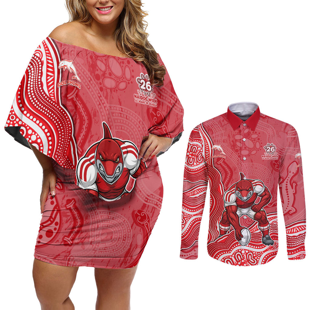Dolphins NAIDOC Week 2026 Couples Matching Off Shoulder Short Dress and Long Sleeve Button Shirt First Nations of Australia Aboriginal Mascot Rugby