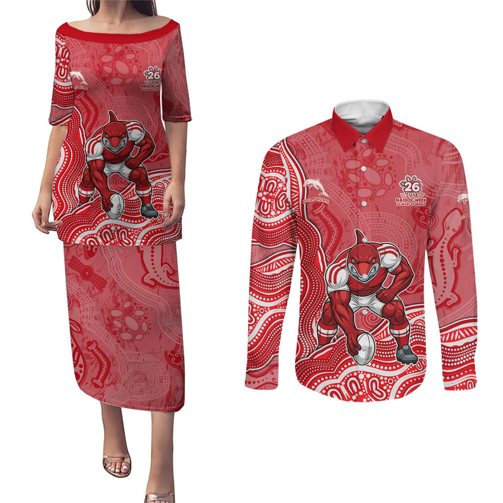 Dolphins NAIDOC Week 2026 Couples Matching Puletasi and Long Sleeve Button Shirt First Nations of Australia Aboriginal Mascot Rugby