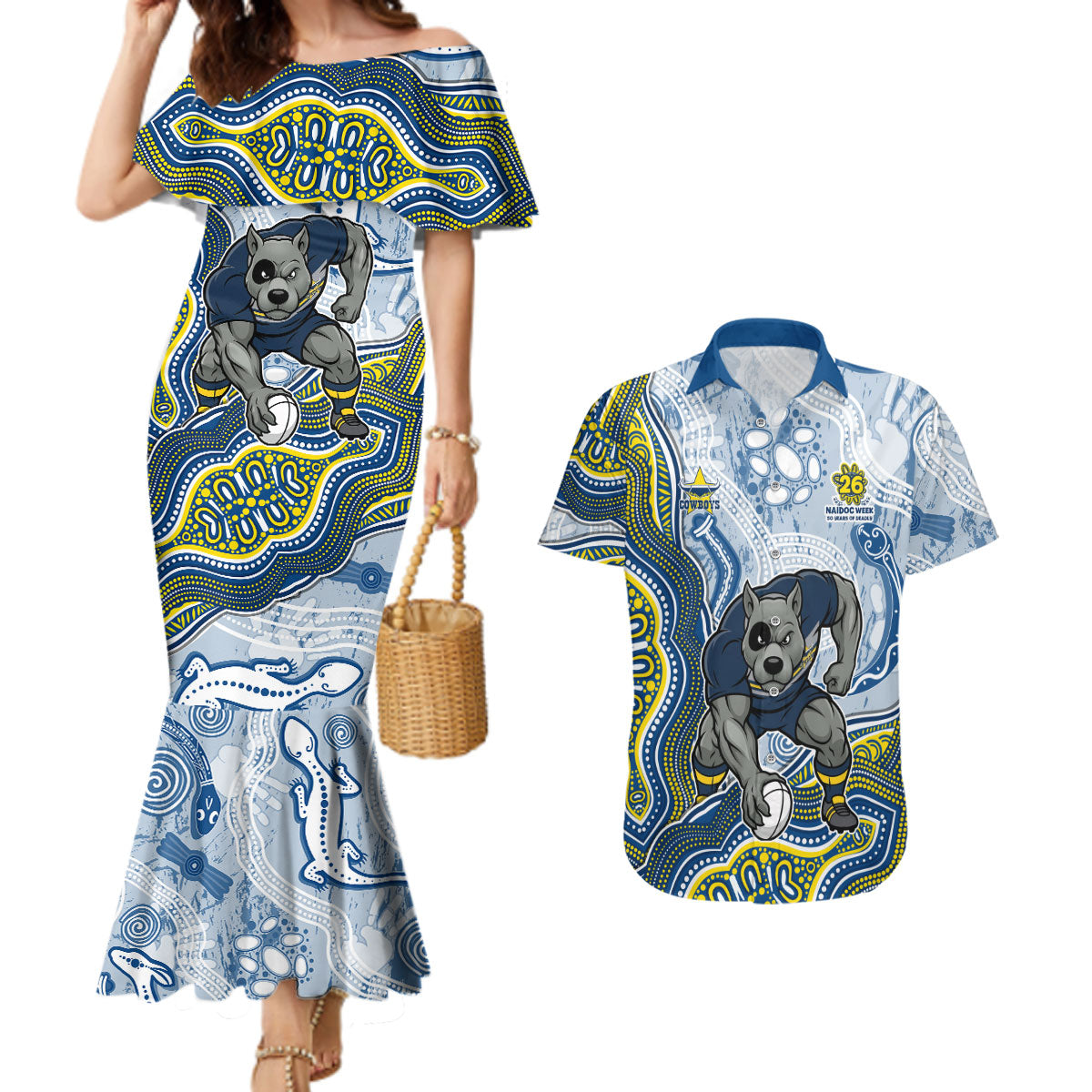North Queensland Cowboys NAIDOC Week 2026 Couples Matching Mermaid Dress and Hawaiian Shirt First Nations of Australia Aboriginal Mascot Rugby