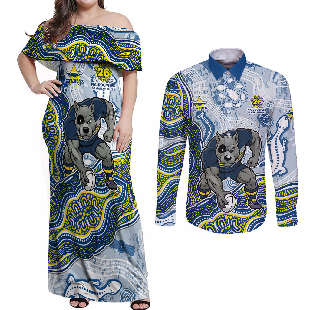 North Queensland Cowboys NAIDOC Week 2026 Couples Matching Off Shoulder Maxi Dress and Long Sleeve Button Shirt First Nations of Australia Aboriginal Mascot Rugby