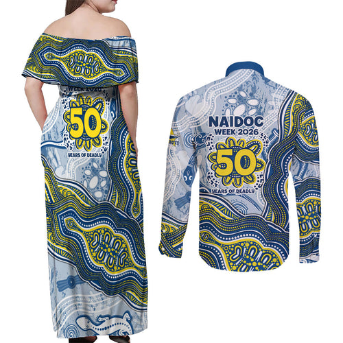 North Queensland Cowboys NAIDOC Week 2026 Couples Matching Off Shoulder Maxi Dress and Long Sleeve Button Shirt First Nations of Australia Aboriginal Mascot Rugby