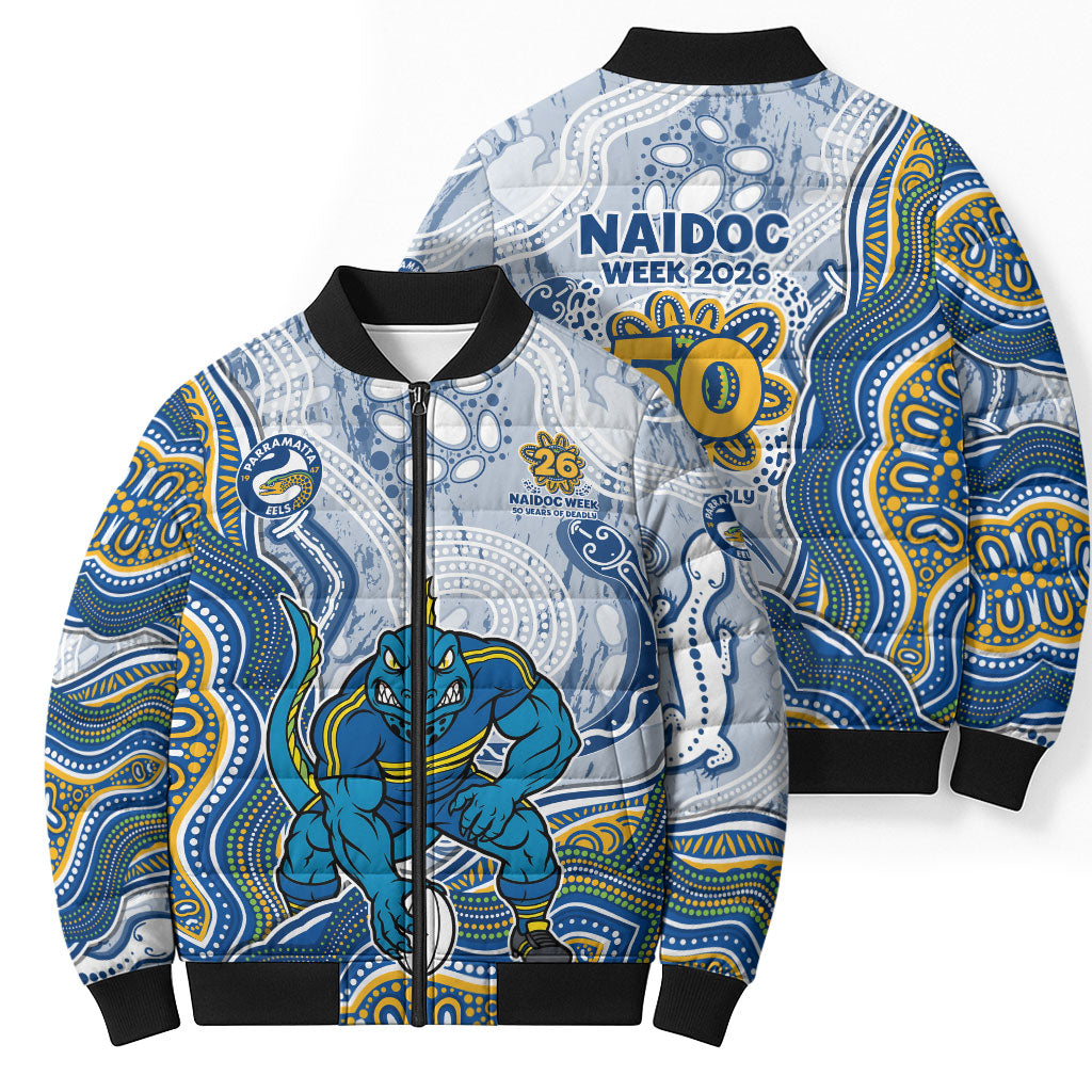 Parramatta Eels NAIDOC Week 2026 Bomber Puffer Jacket First Nations of Australia Aboriginal Mascot Rugby