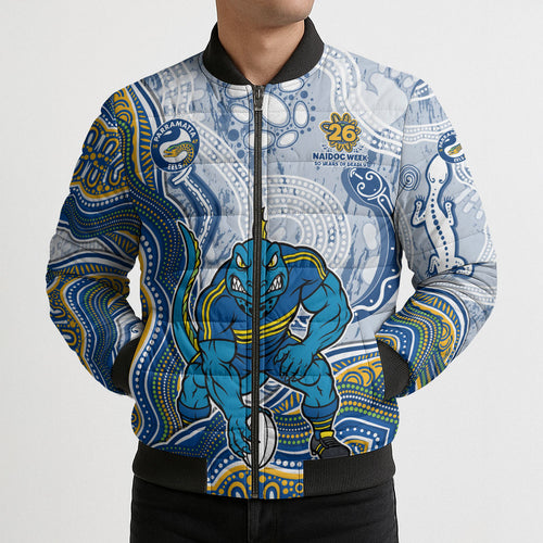 Parramatta Eels NAIDOC Week 2026 Bomber Puffer Jacket First Nations of Australia Aboriginal Mascot Rugby