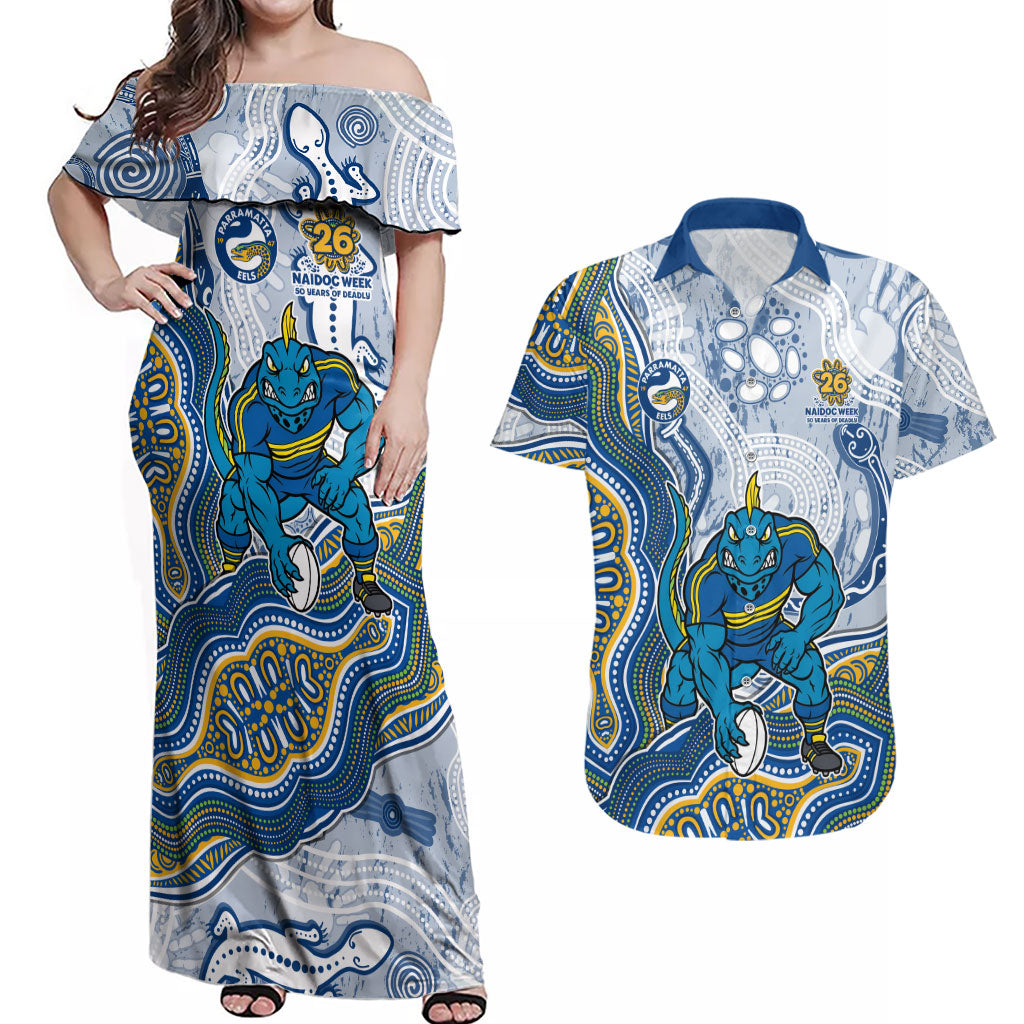 Parramatta Eels NAIDOC Week 2026 Couples Matching Off Shoulder Maxi Dress and Hawaiian Shirt First Nations of Australia Aboriginal Mascot Rugby
