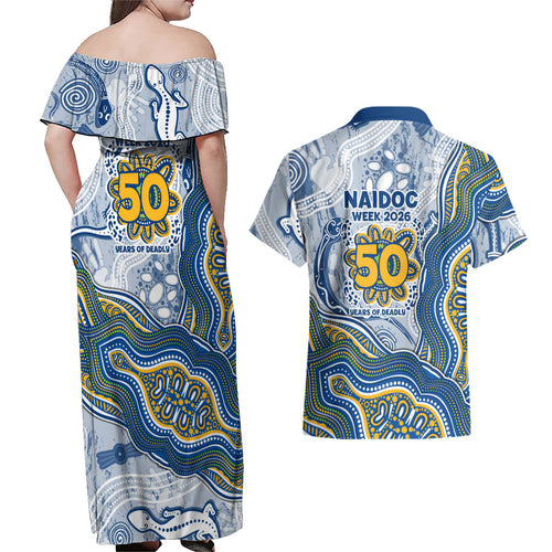 Parramatta Eels NAIDOC Week 2026 Couples Matching Off Shoulder Maxi Dress and Hawaiian Shirt First Nations of Australia Aboriginal Mascot Rugby