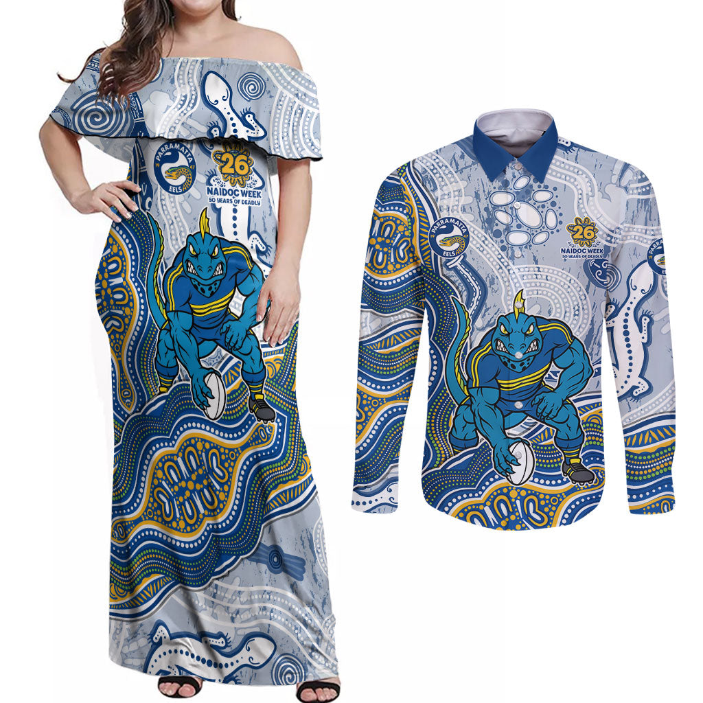 Parramatta Eels NAIDOC Week 2026 Couples Matching Off Shoulder Maxi Dress and Long Sleeve Button Shirt First Nations of Australia Aboriginal Mascot Rugby