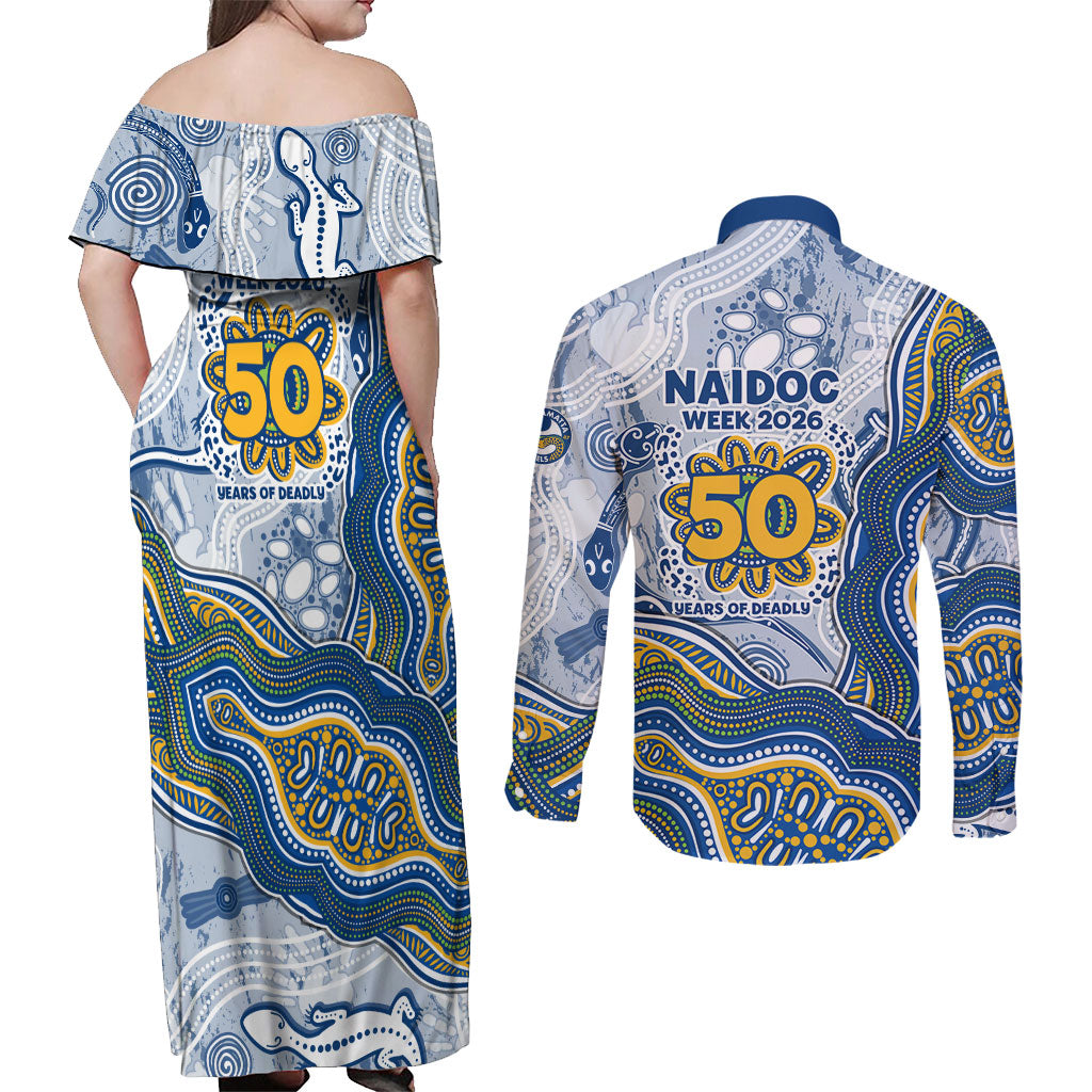 Parramatta Eels NAIDOC Week 2026 Couples Matching Off Shoulder Maxi Dress and Long Sleeve Button Shirt First Nations of Australia Aboriginal Mascot Rugby