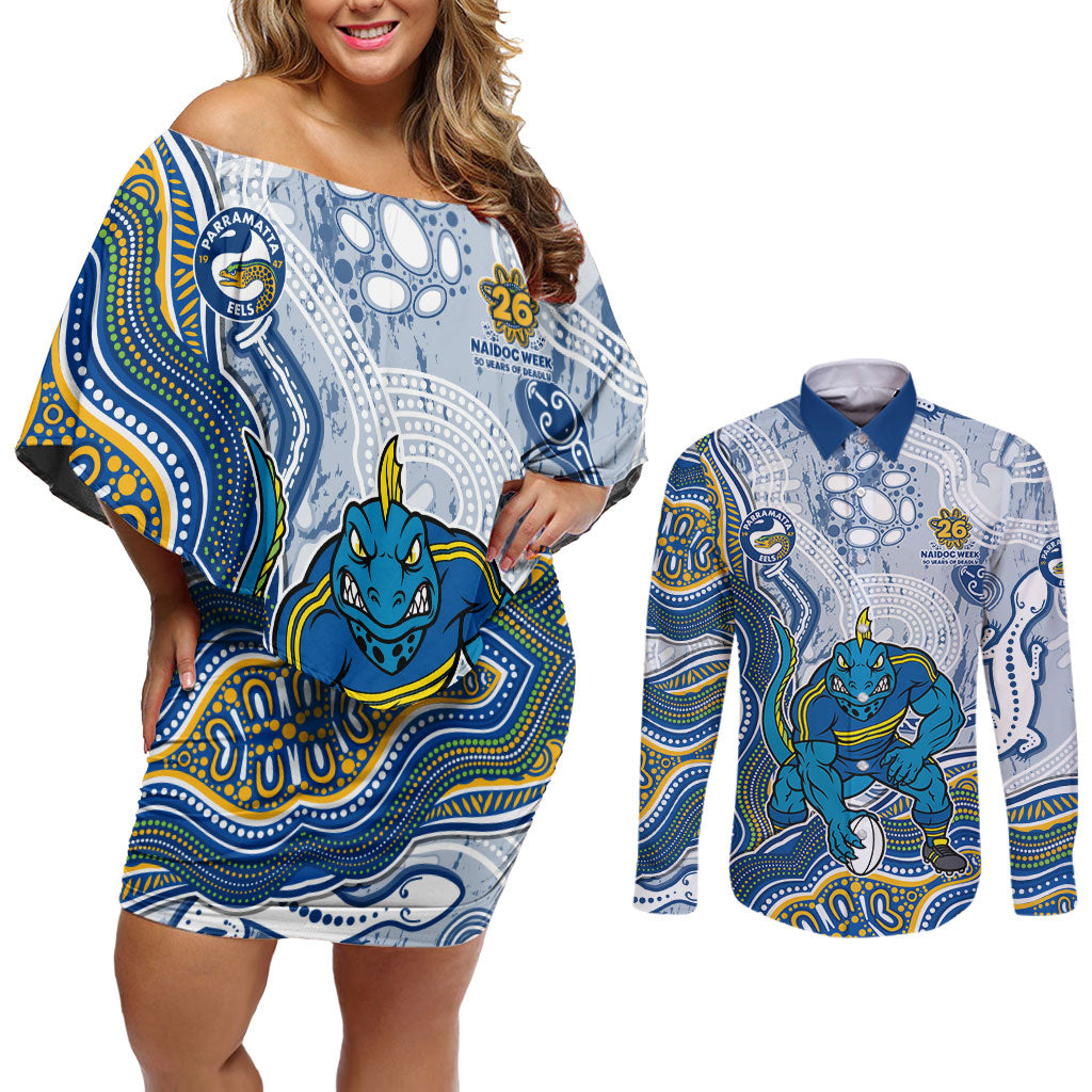 Parramatta Eels NAIDOC Week 2026 Couples Matching Off Shoulder Short Dress and Long Sleeve Button Shirt First Nations of Australia Aboriginal Mascot Rugby